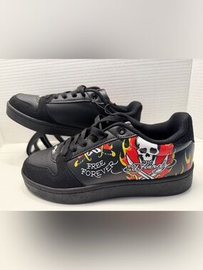 Ed Hardy Skull Flame Sneakers Men Size 6 Black Tattoo Graphic Faux Leather Shoes